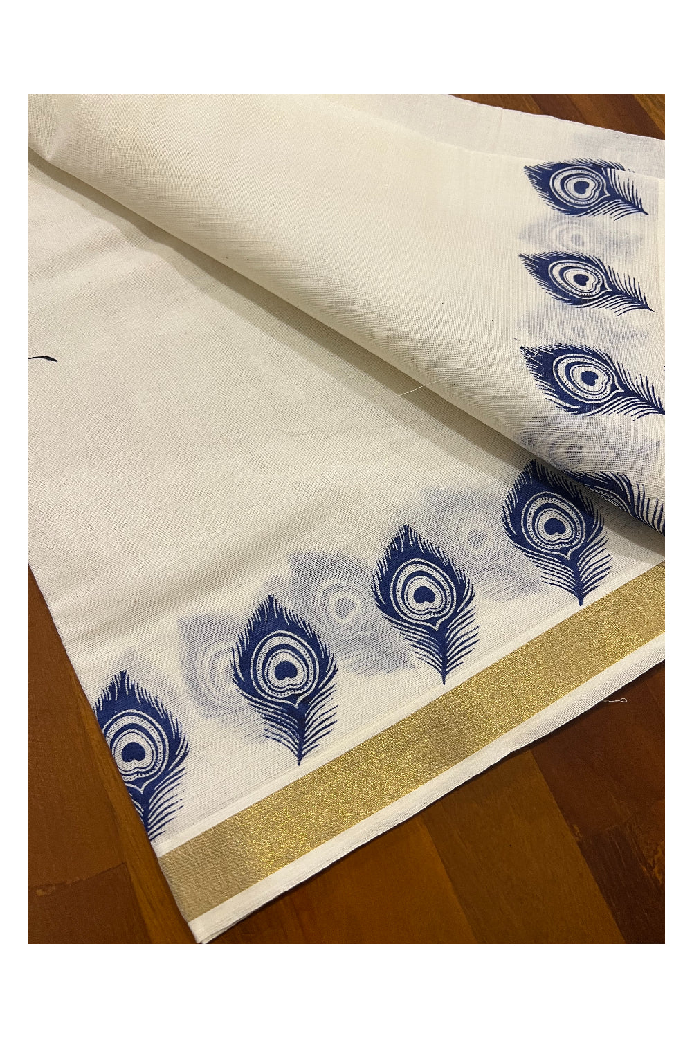 Cotton Kasavu Set Mundu (Mundum Neriyathum) with Dark Blue Block Feather Temple Prints on Border