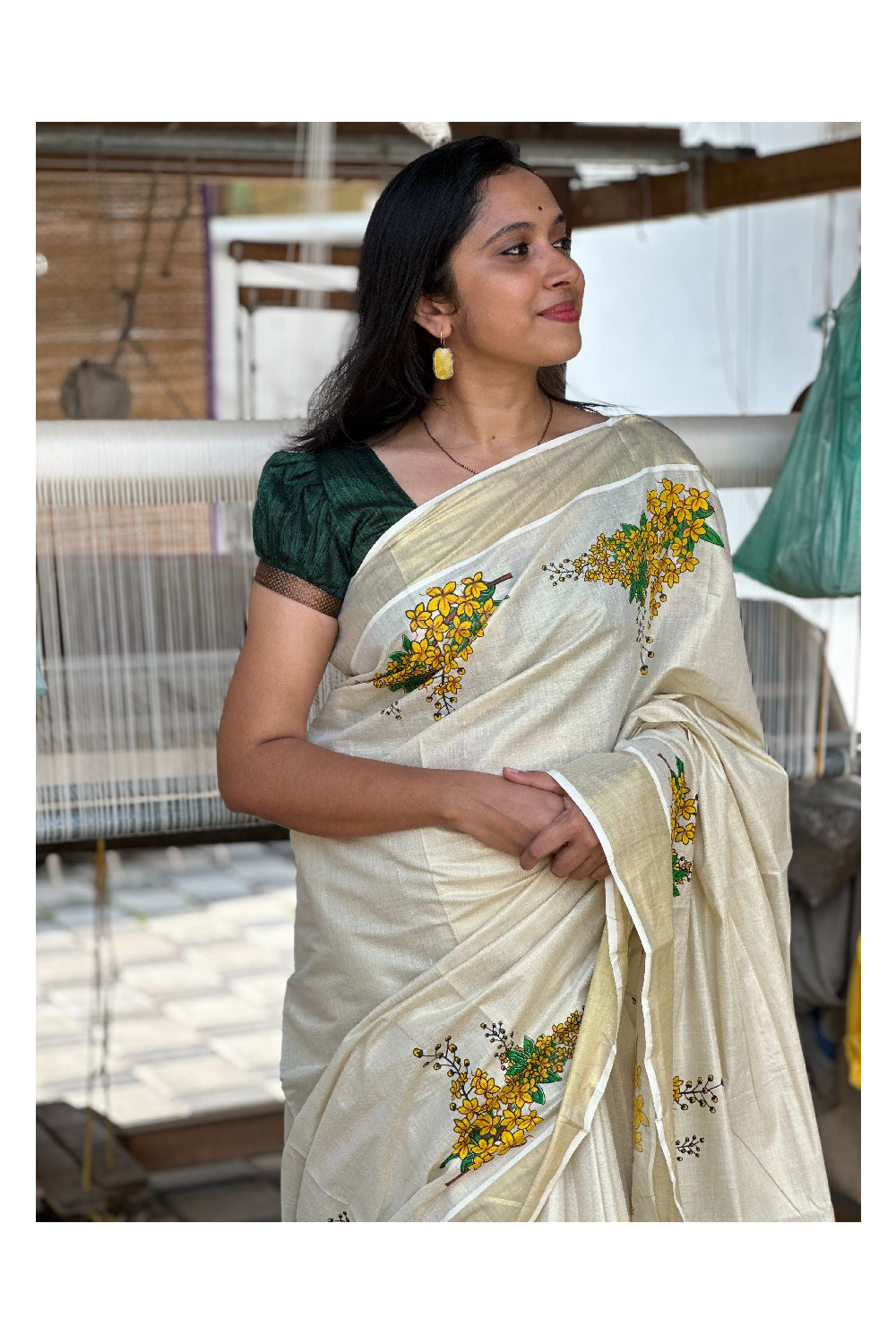 Southloom Tissue Kasavu Floral Printed Design Saree