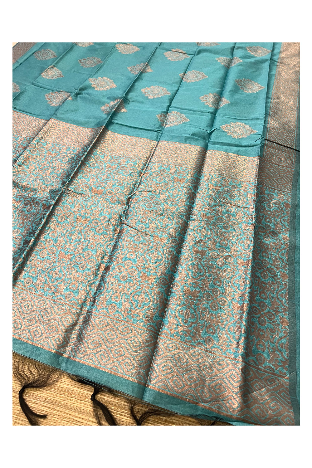 Southloom Turquoise Semi Silk Designer Saree with Copper Kasavu Woven Works on Body