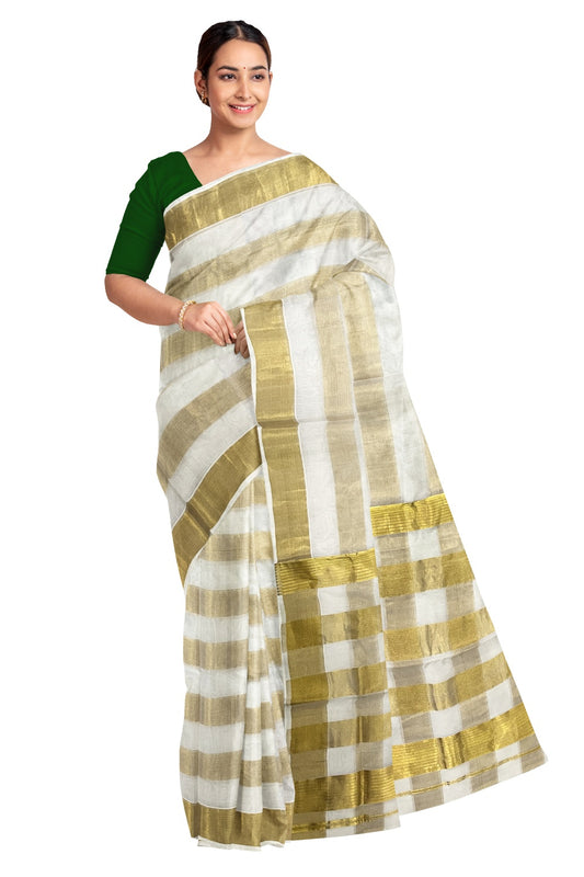 Southloom Premium Handloom Cotton Kasavu Saree with Wide Checks Across Body