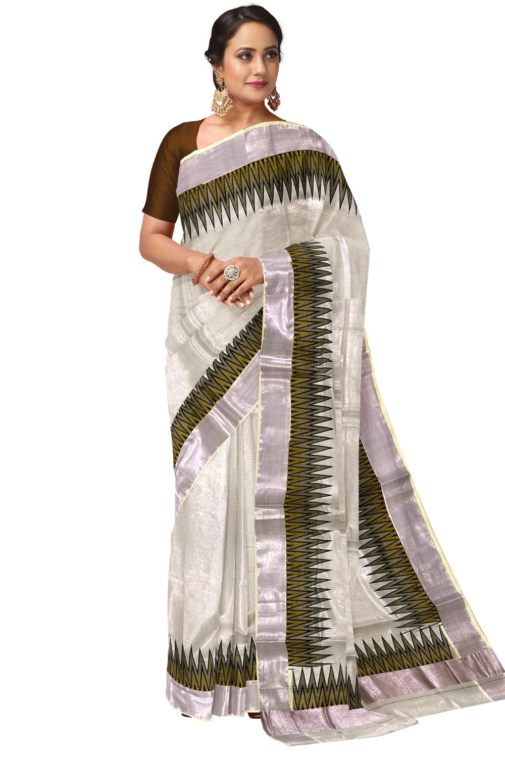 Kerala Rose Copper Tissue Kasavu Saree with Brown Temple Prints across