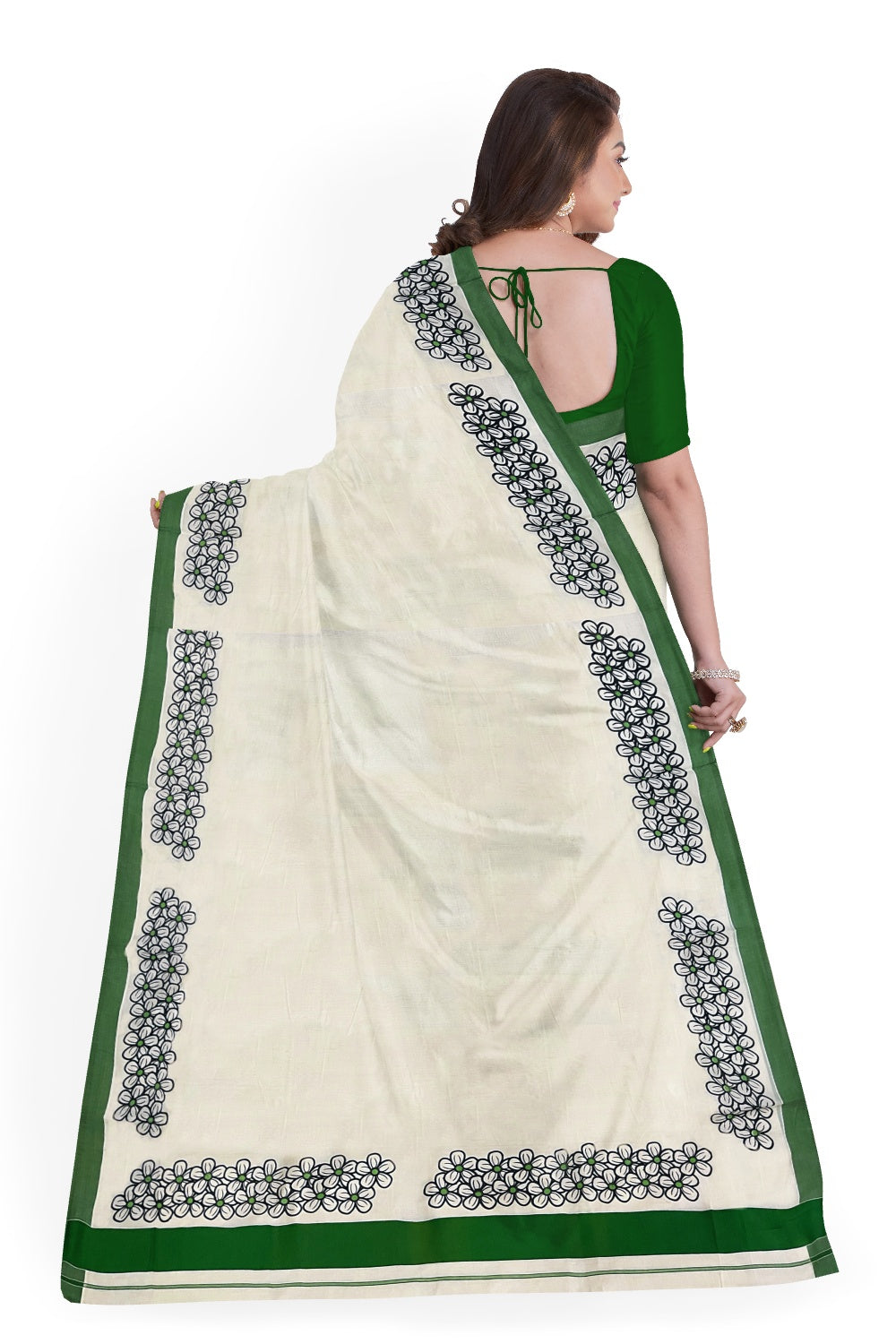 Pure Cotton Kerala Saree with Black Floral Block Prints and Green Border