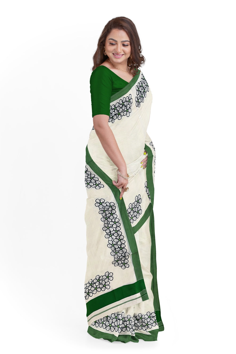 Pure Cotton Kerala Saree with Black Floral Block Prints and Green Border