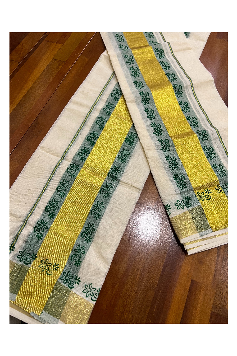 Pure Cotton Kasavu Set Mundu (Mundum Neriyathum) with Green Floral Block Prints on Border