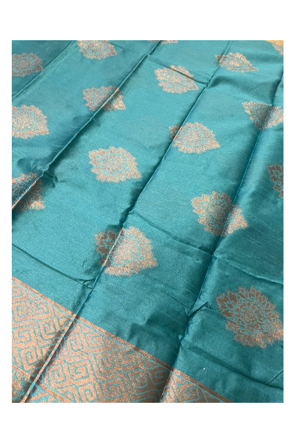 Southloom Turquoise Semi Silk Designer Saree with Copper Kasavu Woven Works on Body