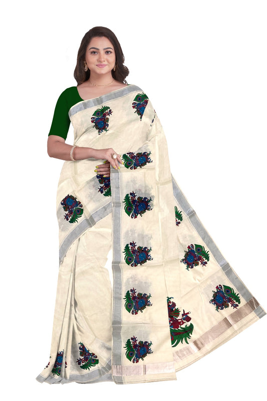 Pure Cotton Kerala Saree with Krishna Face Mural Prints and Silver Border