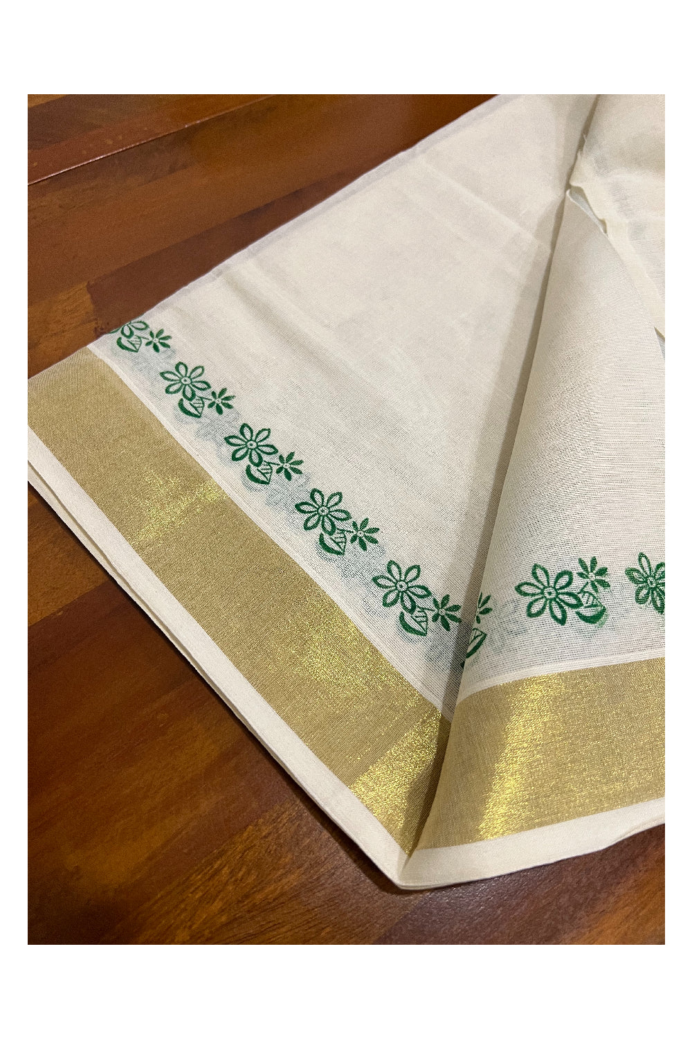 Pure Cotton Kasavu Set Mundu (Mundum Neriyathum) with Green Floral Block Prints on Border