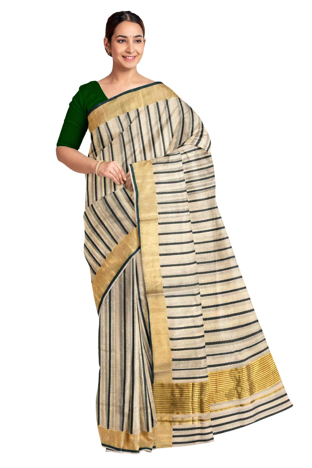 Southloom Kuthampully Handloom Tissue Saree with Kasavu and Green Stripes Body