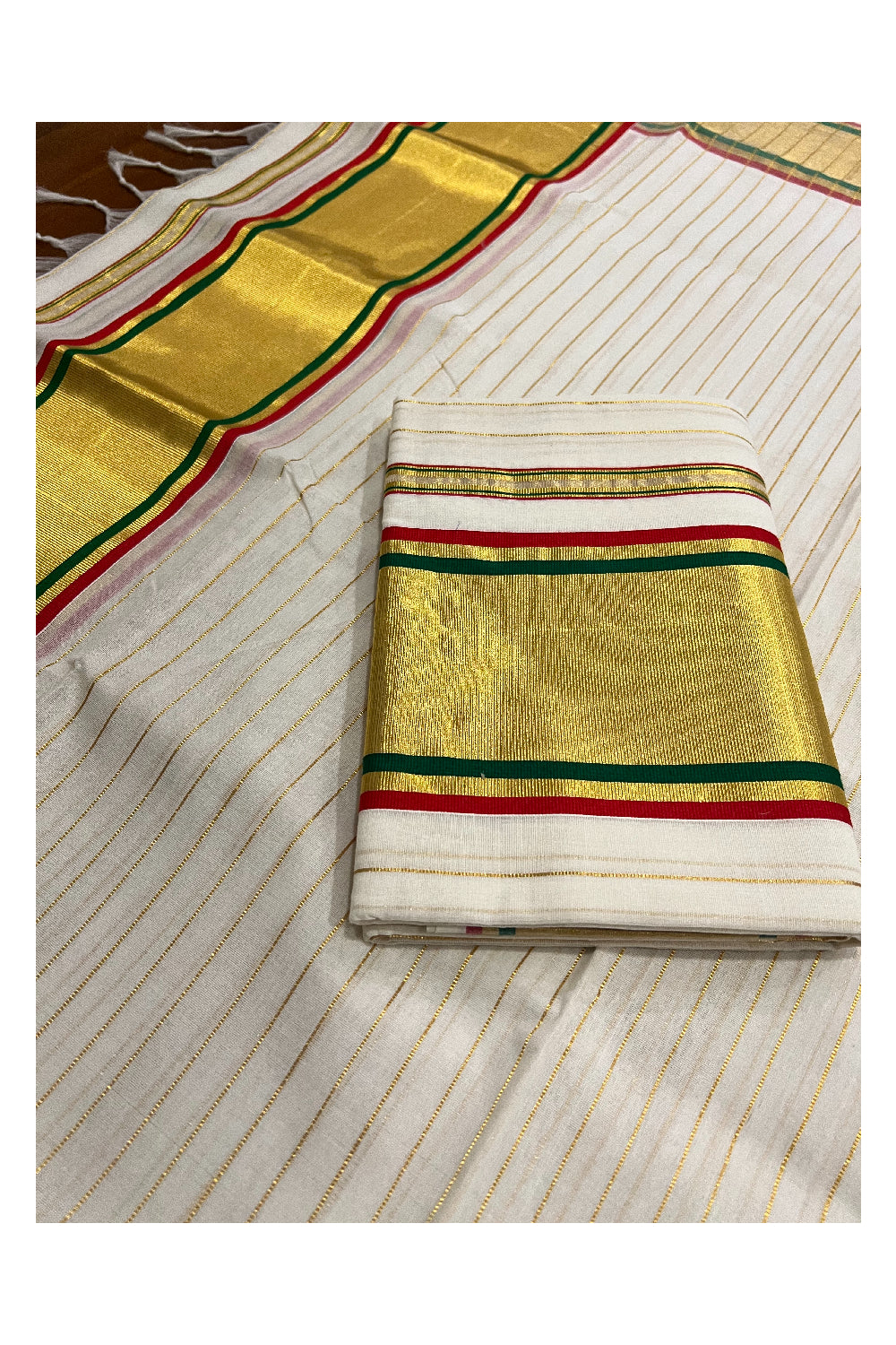 Southloom Handloom Premium Set Mundu with Woven Lines Body with Red and Green Border 2.80 Mtrs