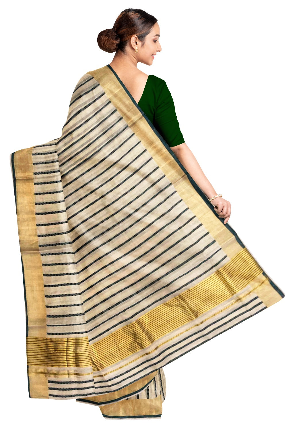 Southloom Kuthampully Handloom Tissue Saree with Kasavu and Green Stripes Body