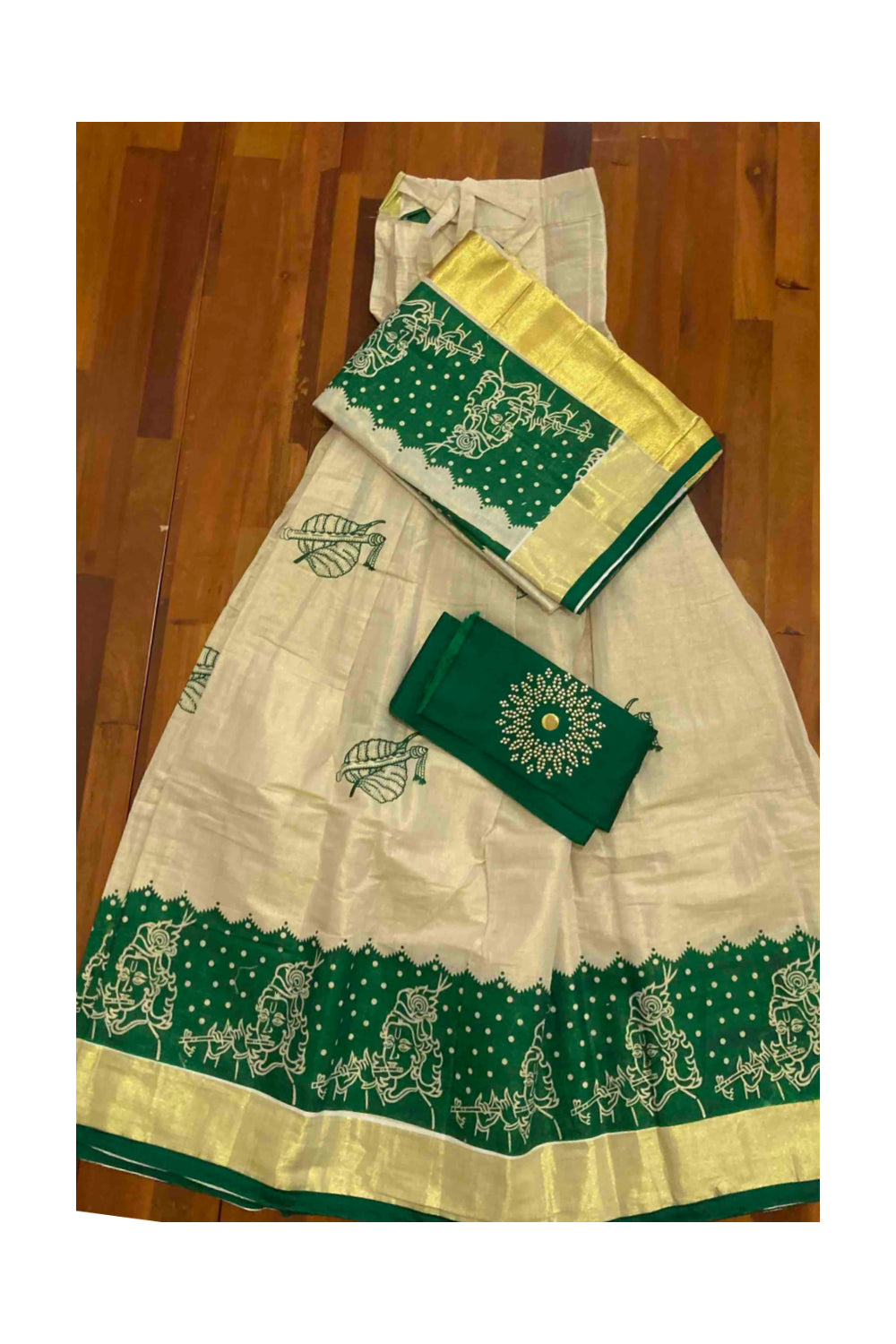 Kerala Tissue Stitched Dhavani Set with Blouse Piece and Neriyathu in with Green Accents and Mural Designs