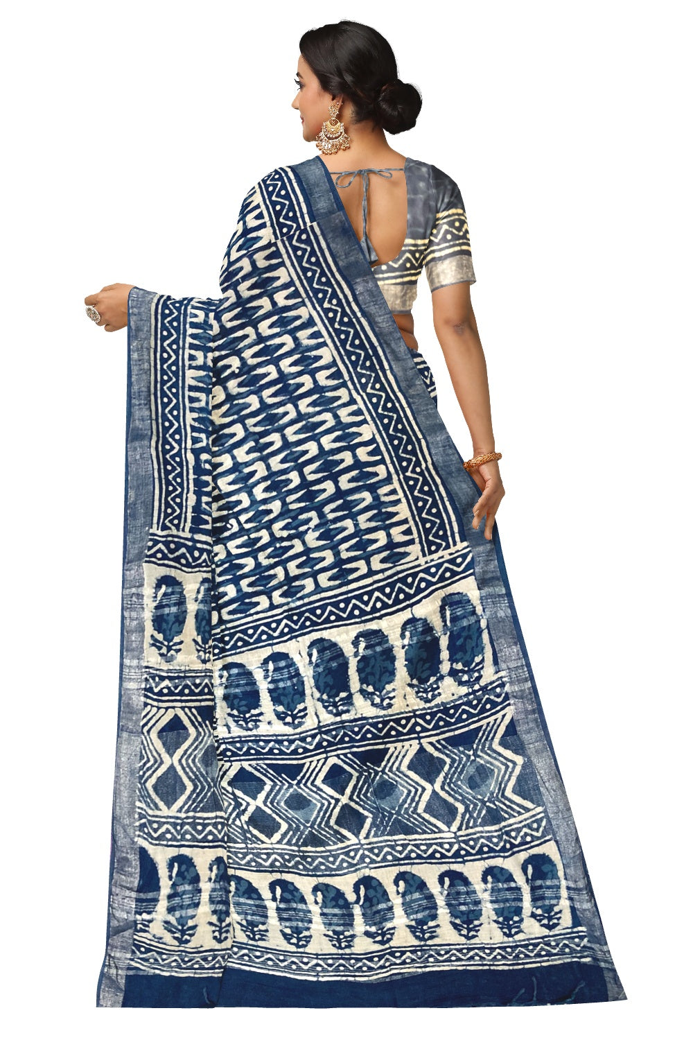 Southloom Linen Indigo Blue Saree with White Designer Prints and Tassels on Pallu