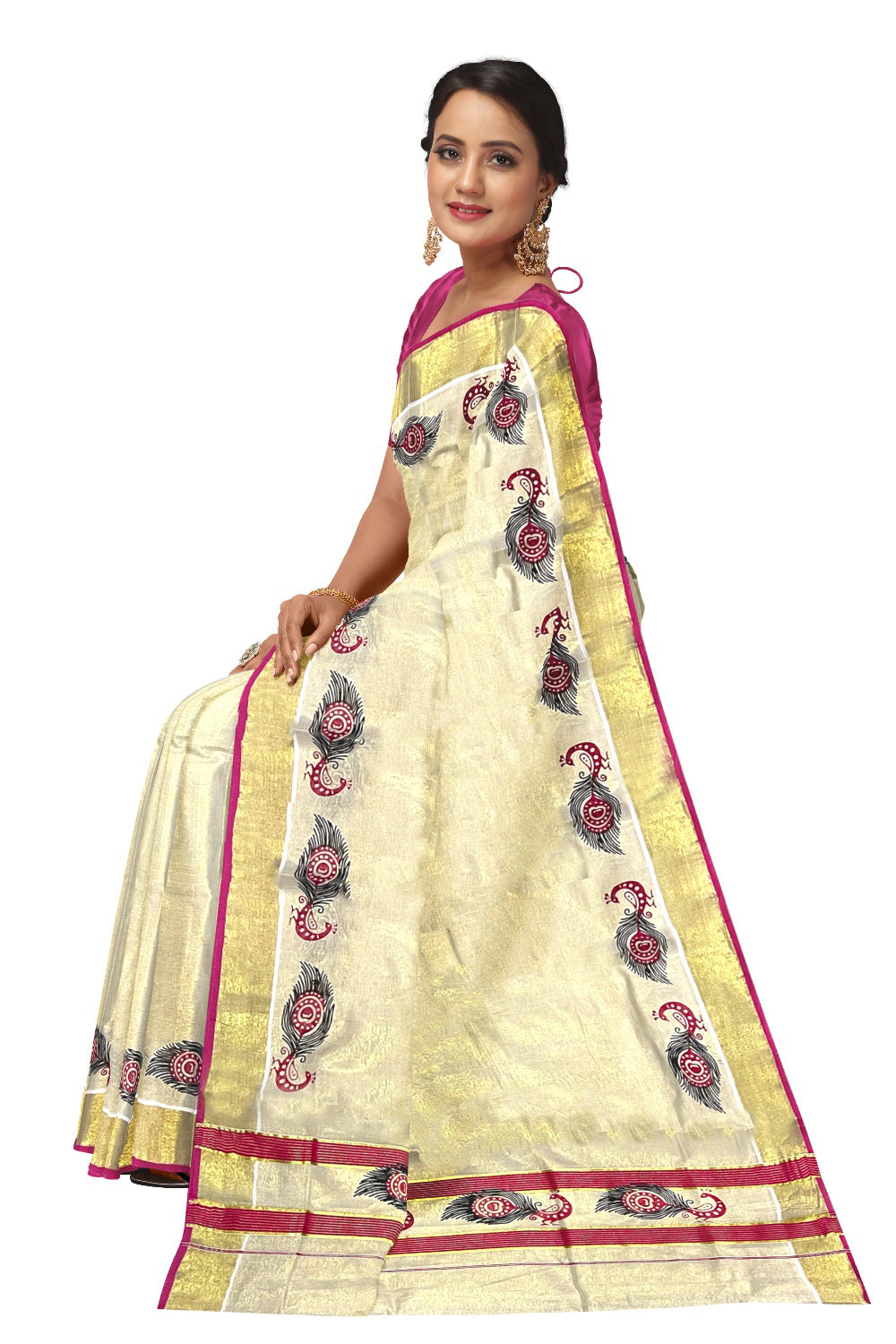 Kerala Tissue Kasavu Saree with Pink and Black Peacock Block Printed Design