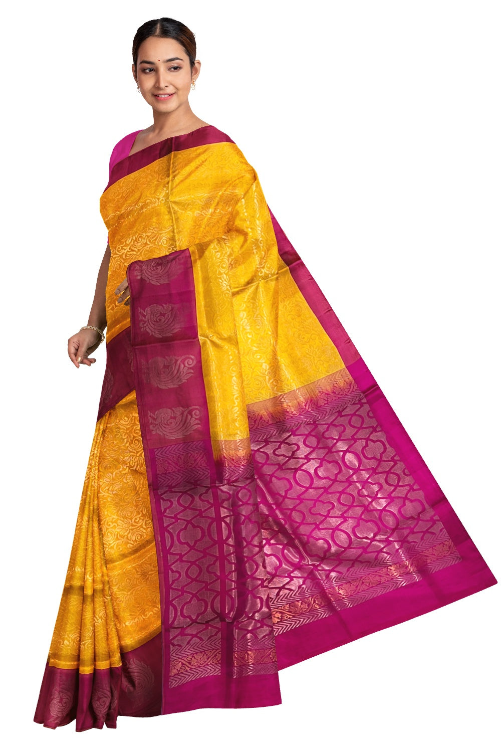 Southloom Handloom Pure Silk Kanchipuram Saree with Floral Work on Yellow Body and Rose Blouse Piece