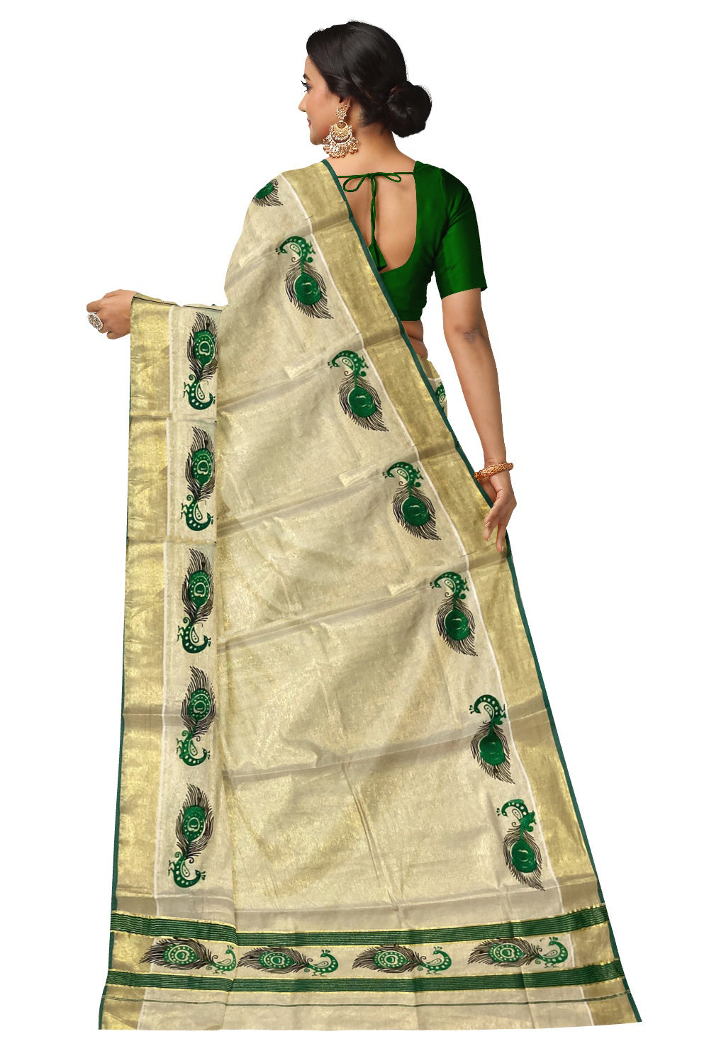Kerala Tissue Kasavu Saree with Green and Black Peacock Block Printed Design