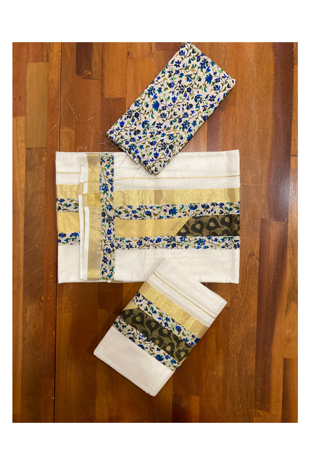 Kerala Cotton Fusion Art Set Mundu (Mundum Neriyathum) with Kasavu and Floral Figures on Beige Border 2.80 Mtrs