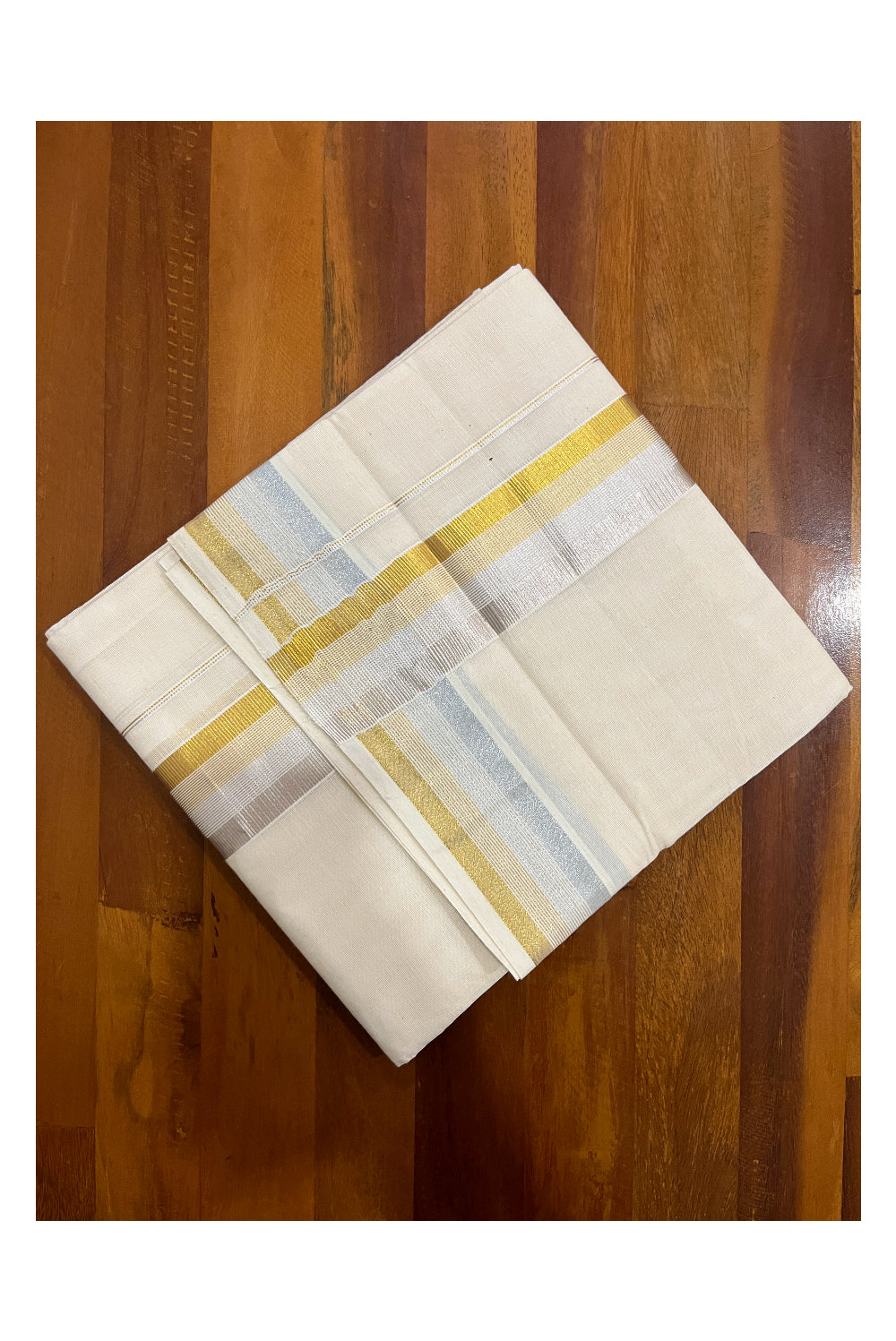 Pure Cotton Double Mundu with Golden and Silver Kasavu Kara (South Indian Dhoti)