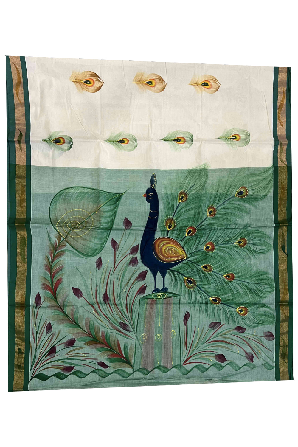 Southloom Green Handpainted Mural Kerala Kasavu Saree with Peacock Art