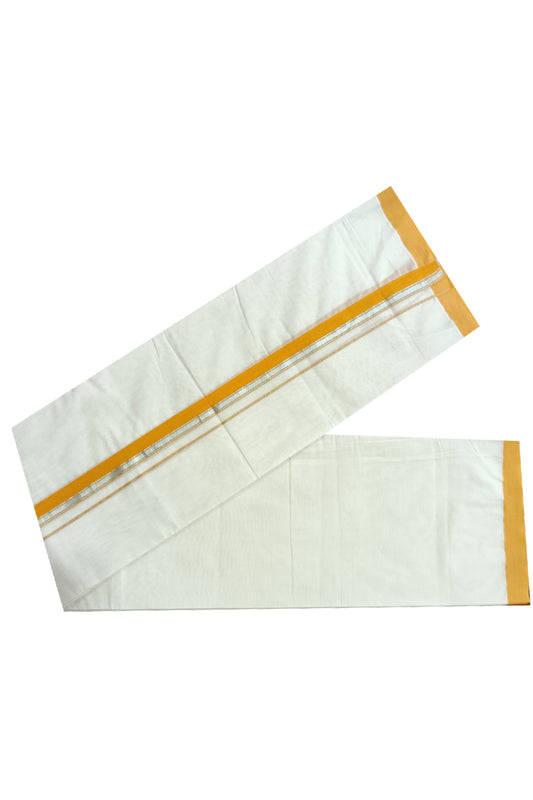 Off White Kerala Double Mundu with Silver Kasavu and Orange Kara (South Indian Dhoti)