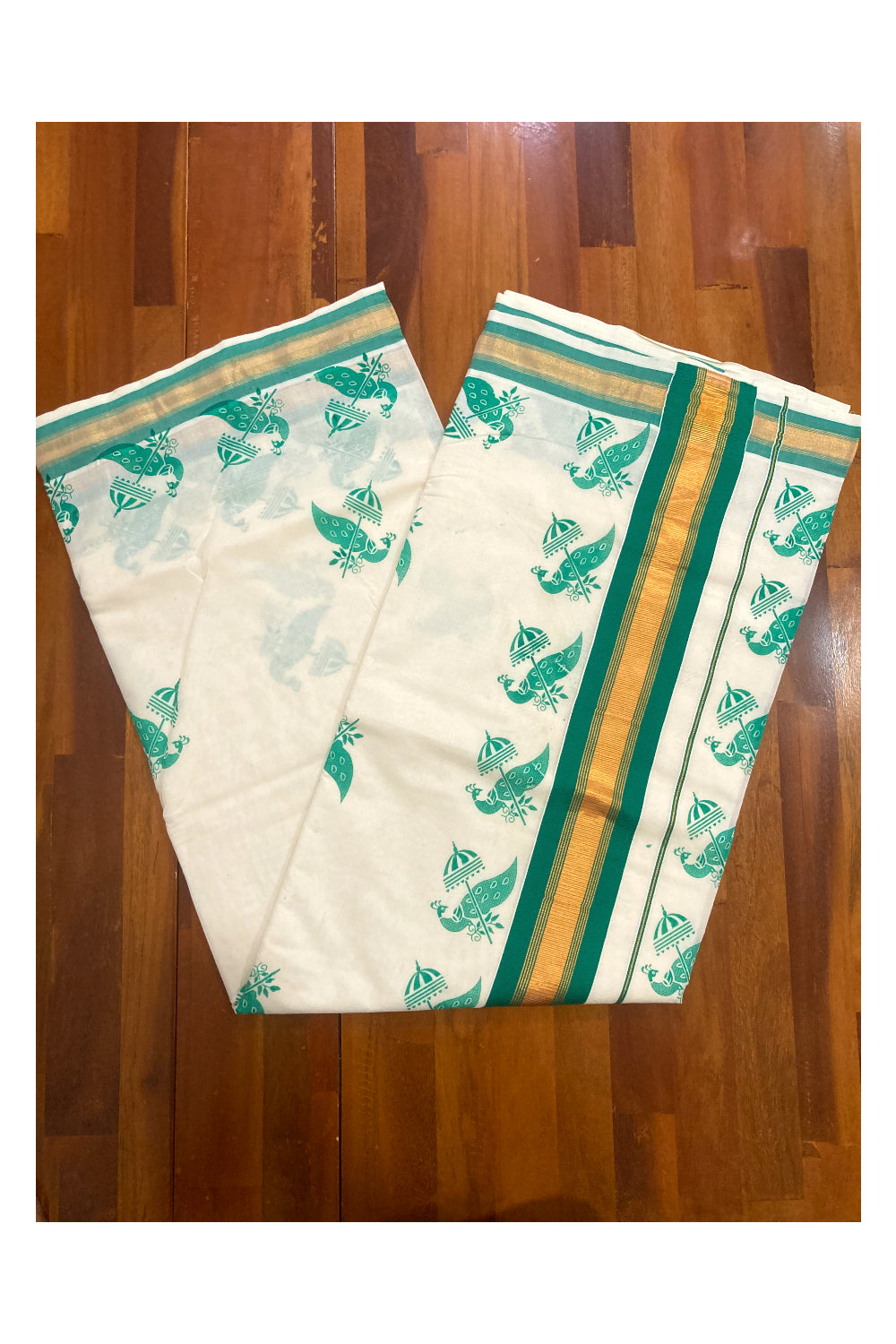 Pure Cotton Kerala Saree with Green Peacock Block Printed Design and Kasavu Border