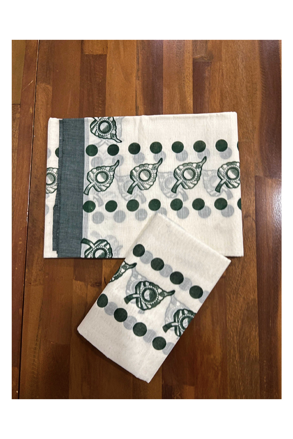 Kerala Cotton Set Mundu (Mundum Neriyathum) with Green Polka Leaf Block Prints on Border