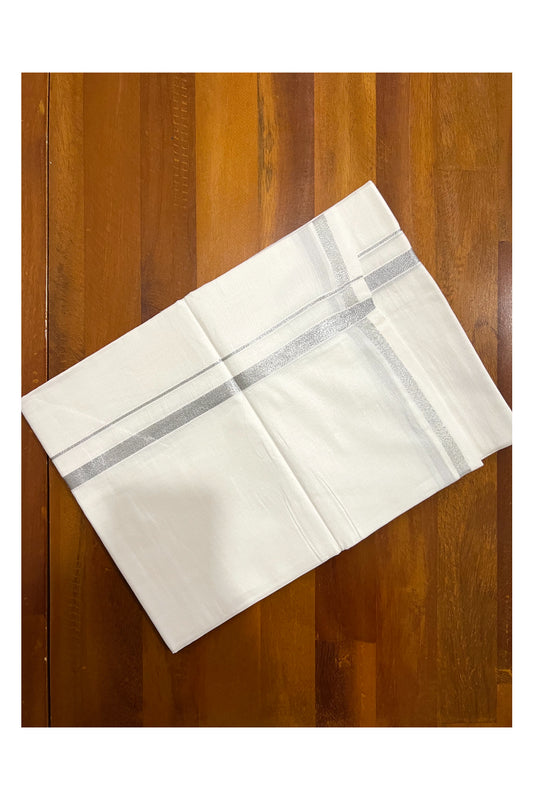 Pure White Cotton Double Mundu with 0.5 inch Silver Kasavu Border (South Indian Kerala Dhoti)