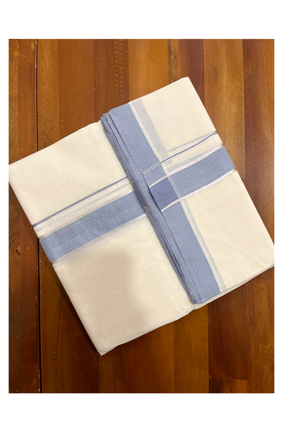 Pure Cotton Off White 100x100 Double Mundu with Silver Kasavu and Blue Border (South Indian Dhoti)