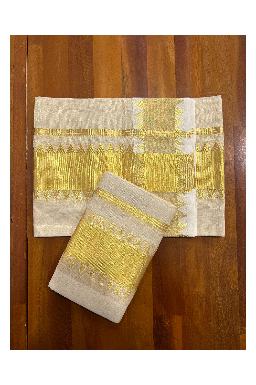 Southloom Handloom Premium Tissue Kasavu Set Mundu with Temple Border 2.80 Mtrs