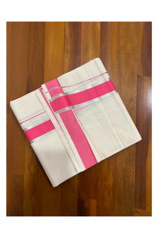 Off White Kerala Double Mundu with Silver Kasavu and Pink Border (South Indian Dhoti)