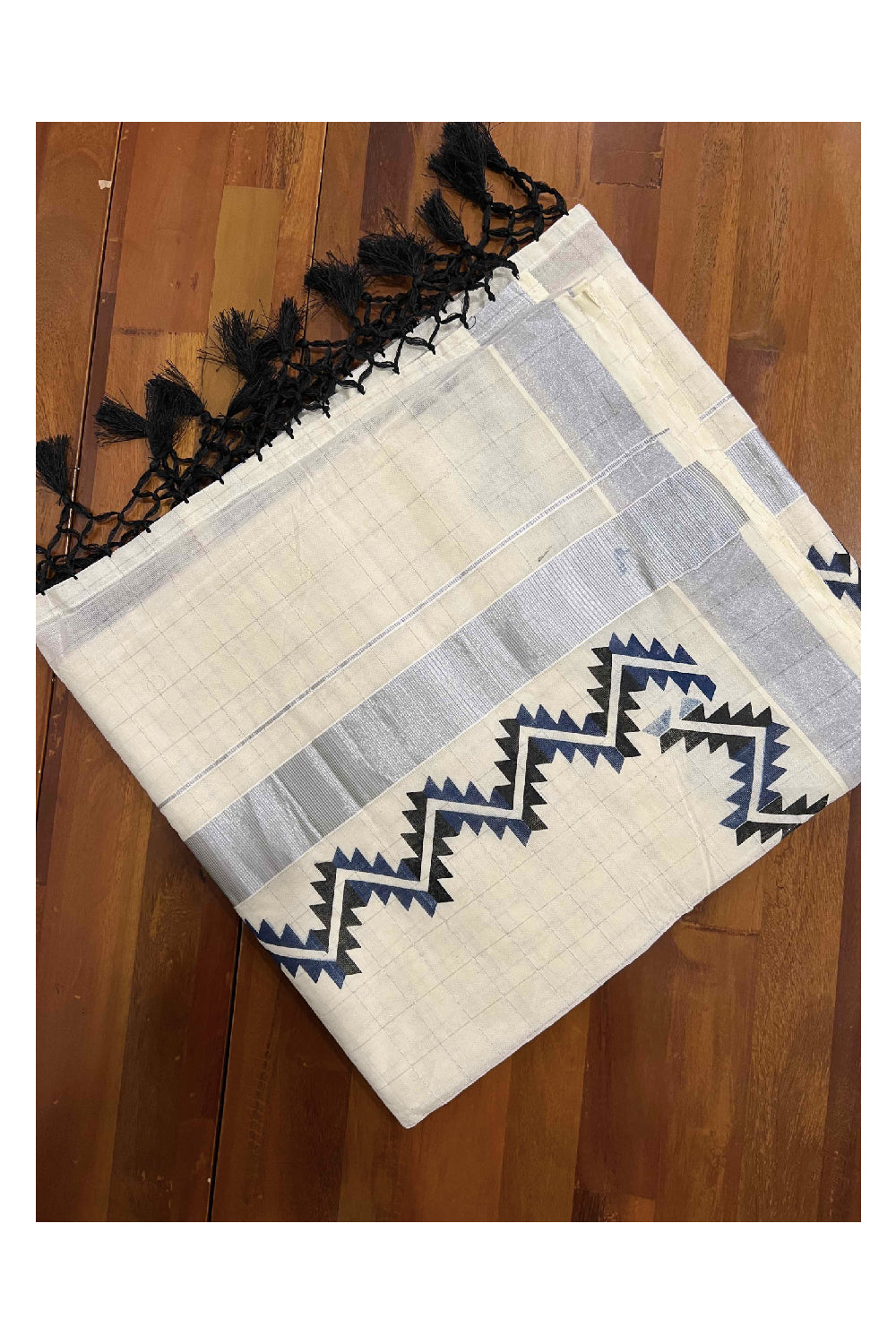 Kerala Silver Kasavu Woven Check Saree with Blue and Black Block Printed Border