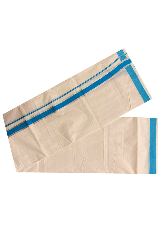 Off White Kerala Double Mundu with Silver Kasavu and Blue Kara (South Indian Dhoti)