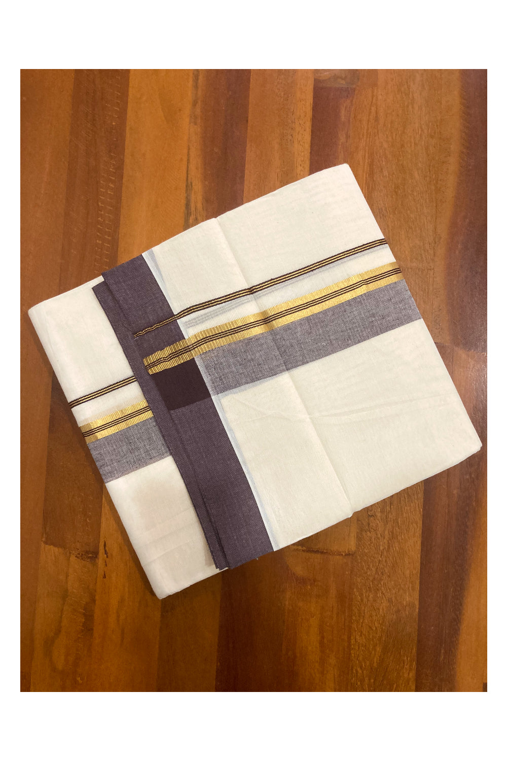 Pure Cotton Double Mundu with Brown and Kasavu Border (South Indian Dhoti)