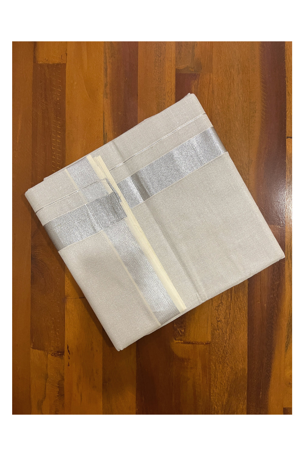 Kerala Silver Tissue Double Mundu with 1.5 inch Border (South Indian Dhoti)