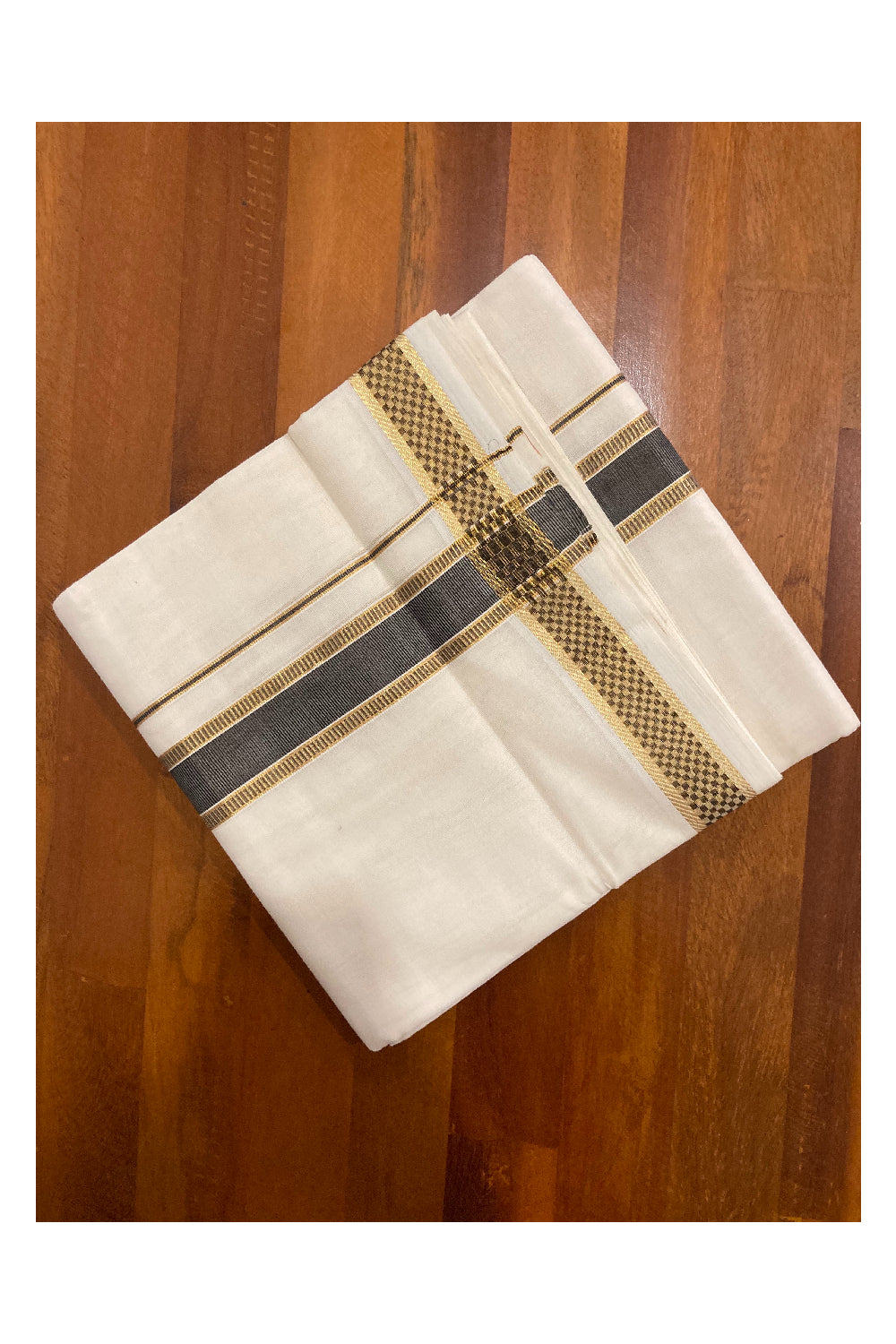 Southloom Premium Handloom Pure Cotton Mundu with Golden and Black Kasavu Design Border (South Indian Dhoti)