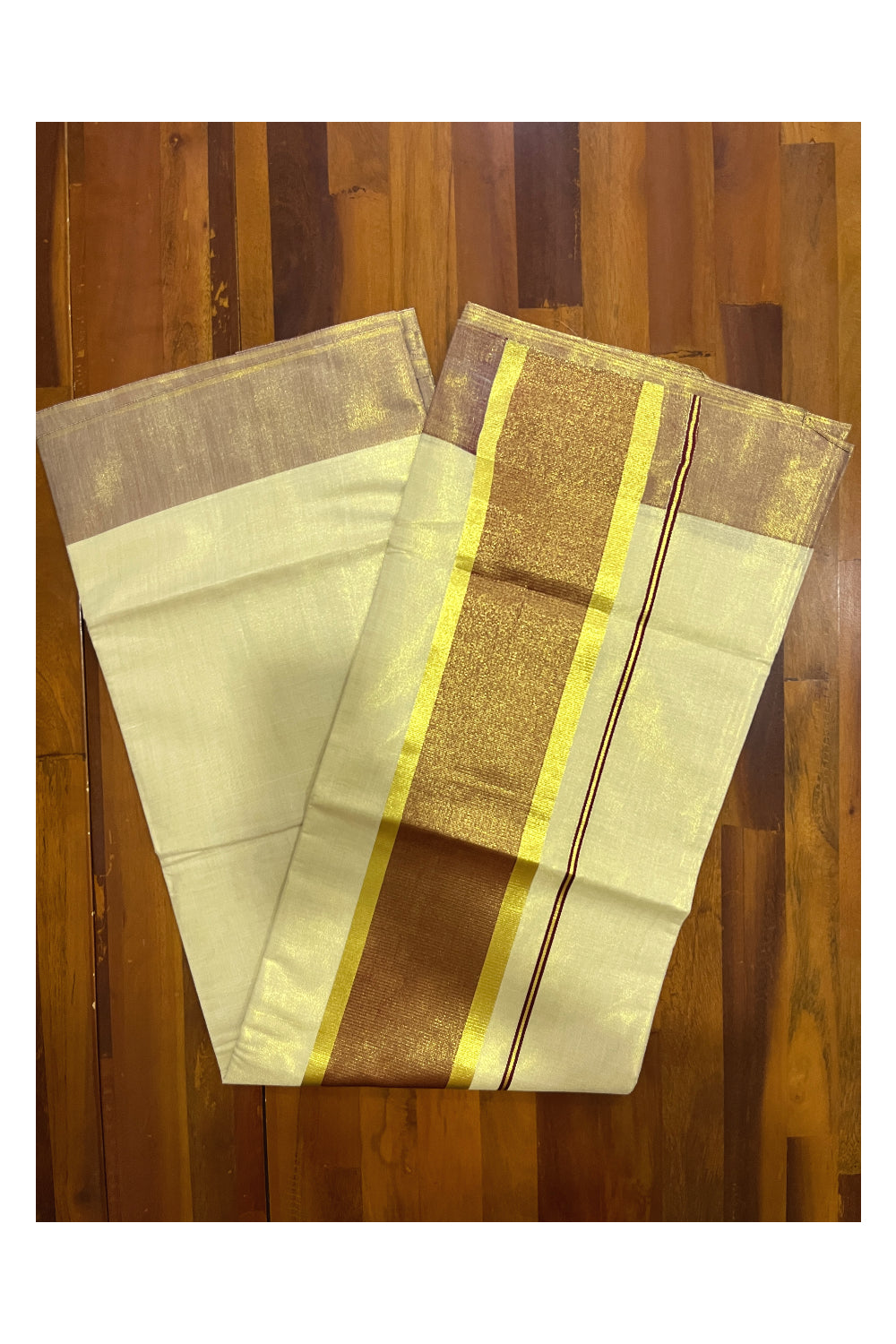 Kerala Tissue Kasavu Plain Saree with Maroon and Kasavu Border