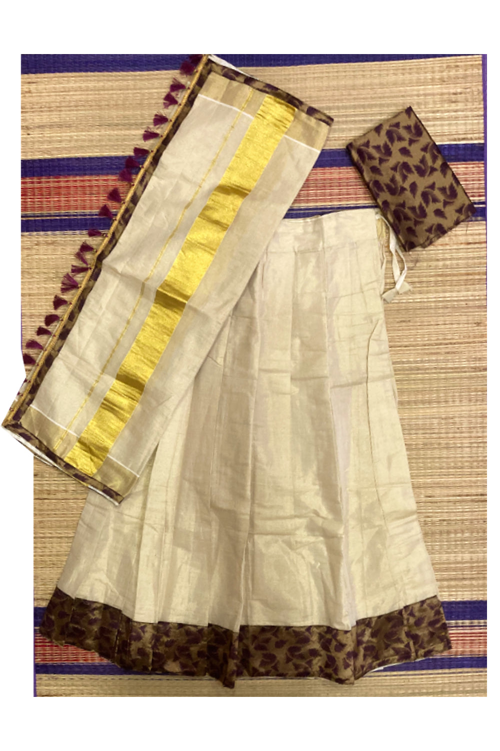 Semi Stitched Dhavani Set with Tissue Pavada and Maroon Designer Blouse Piece