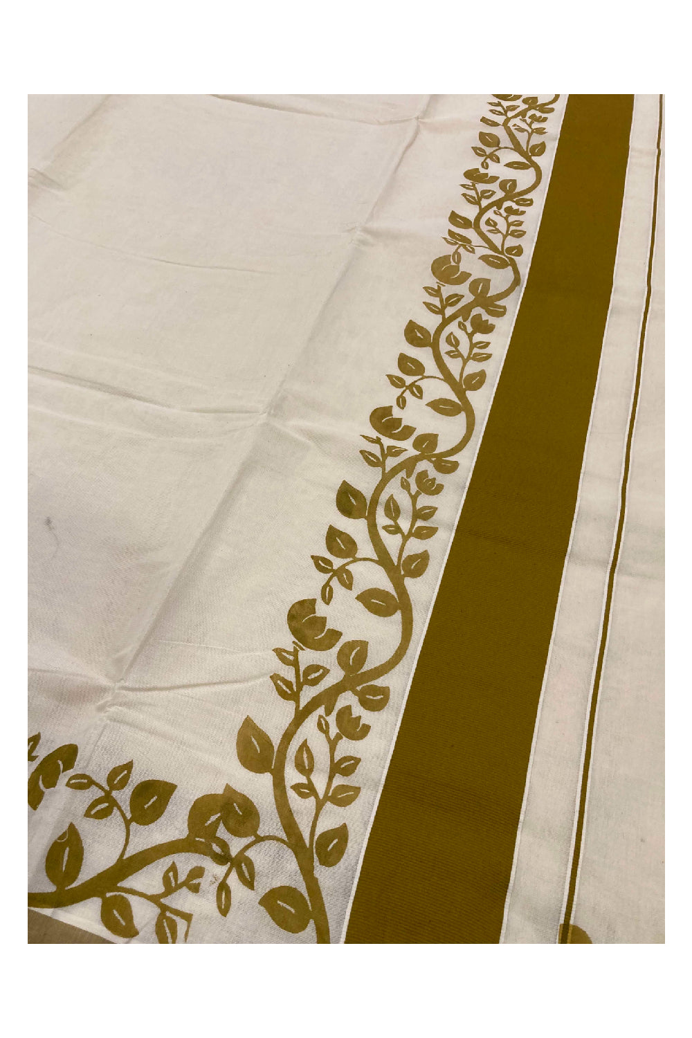 Southloom Original Design Kerala Saree with Khaki Colour Floral Vines Block Print