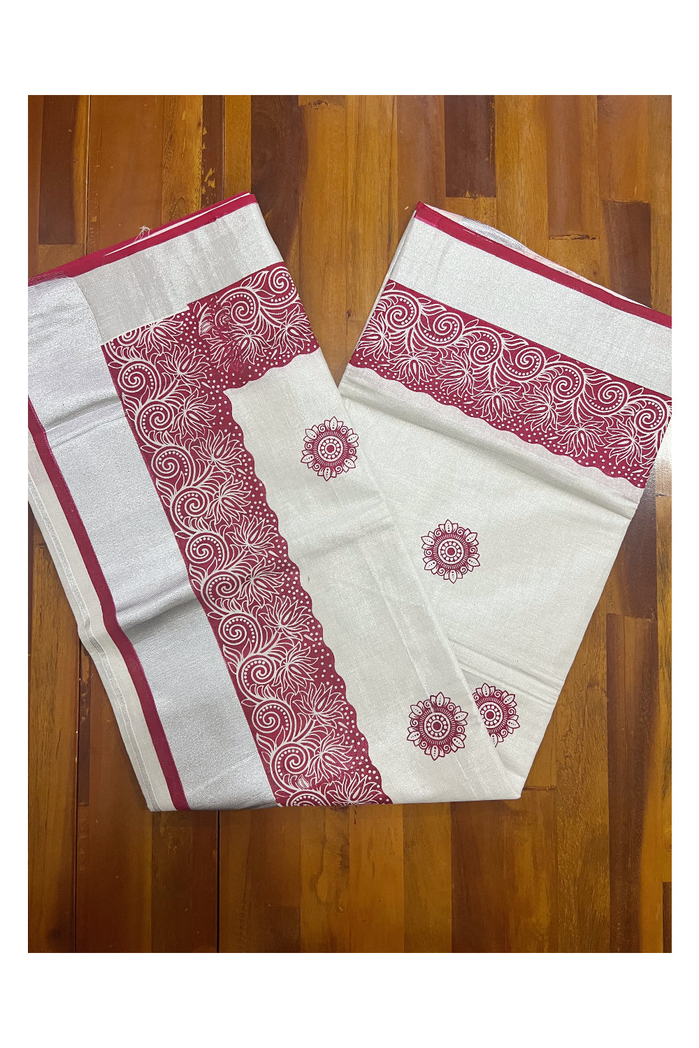 Kerala Silver Tissue Kasavu Saree with Mural Printed Maroon Floral Design