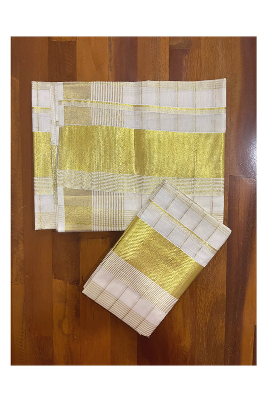 Pure Cotton Set Mundu (Mundum Neriyathum) with Kasavu Woven Check Design on Body 2.80 Mtrs