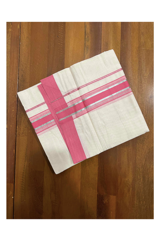 Off White Kerala Double Mundu with Silver Kasavu and Pink Border (South Indian Kerala Dhoti)