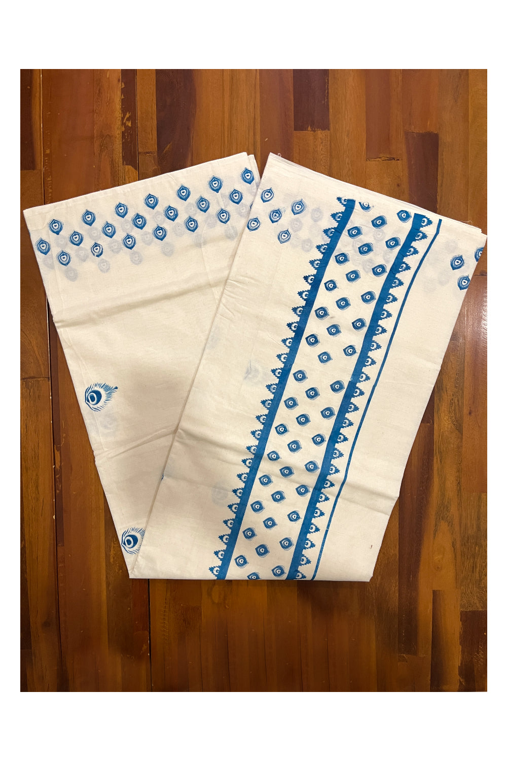 Pure Cotton Off White Kerala Saree with Blue Block Print Border (Onam Saree 2023)