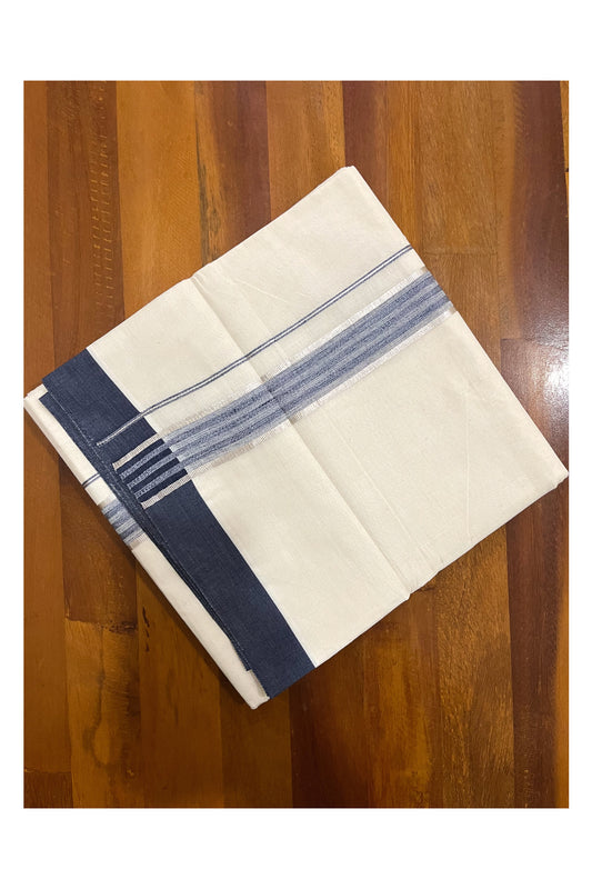 Pure Cotton Off White Double Mundu with Silver Kasavu and Blue Border (South Indian Dhoti)