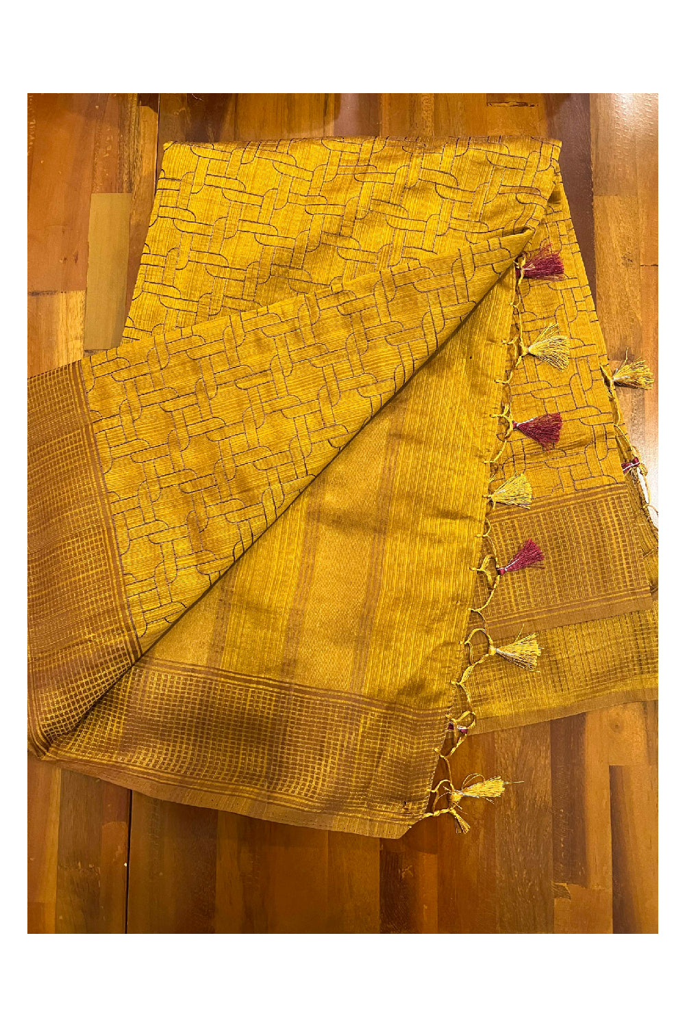 Southloom Mustard Semi Tussar Designer Thread Work Saree with Tassels on Pallu