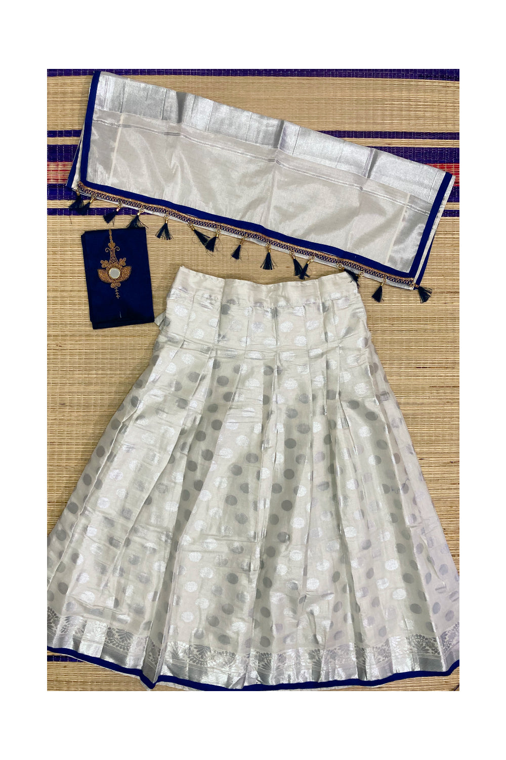 Kerala Silver Tissue Stitched Dhavani Set with Blue Blouse Piece and Neriyathu with Silver Polka Work