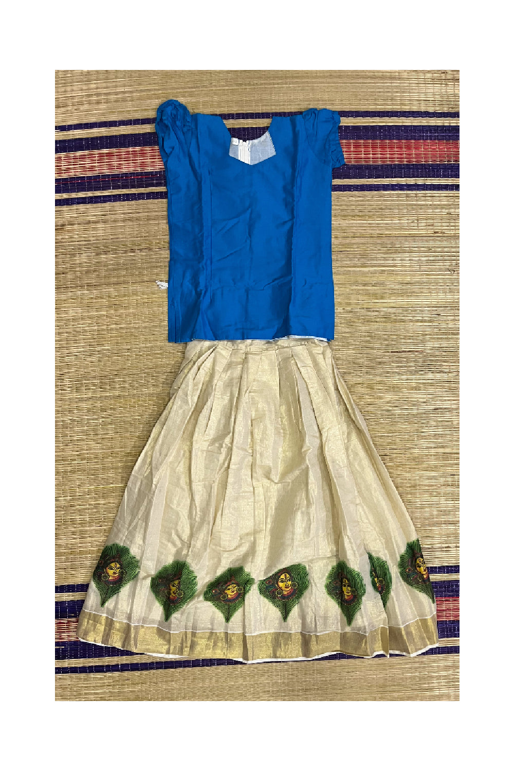 Southloom Kerala Pavada Blouse with Krishna and Feather Mural Design (Age - 12 Year)