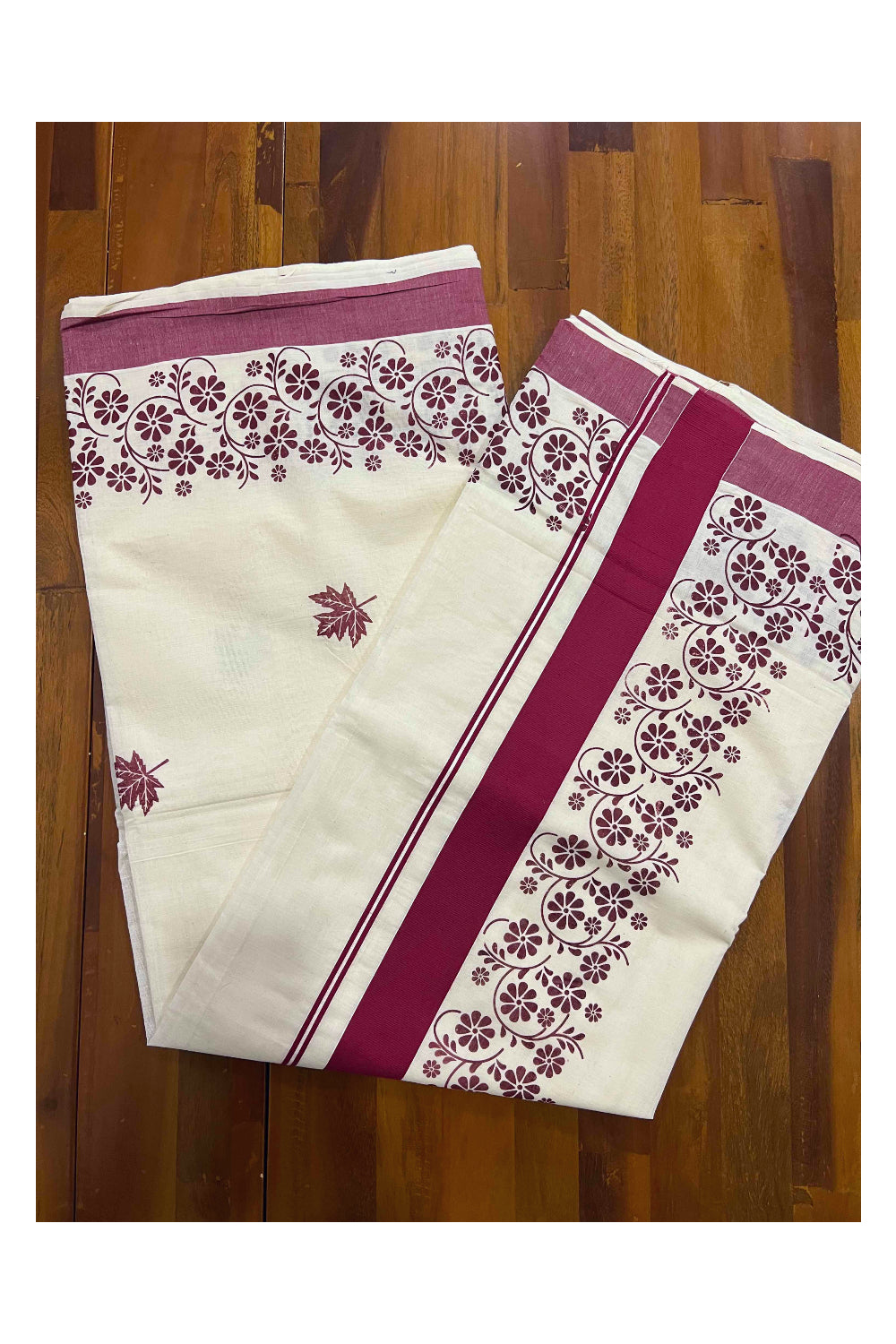 Pure Cotton Kerala Saree with Maroon Floral Block Printed Border