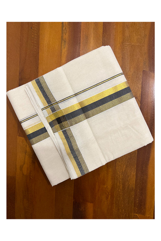 Southloom Kuthampully Handloom Pure Cotton Mundu with Golden and Black Kasavu Border (South Indian Dhoti)