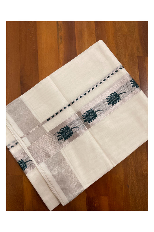 Southloom Handloom Premium Silver Kasavu Double Dhoti with Woven Design Border