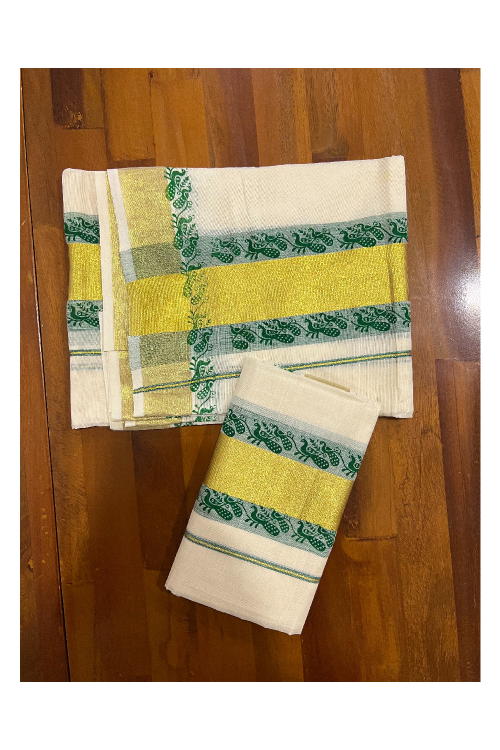 Pure Cotton Kasavu Set Mundu (Mundum Neriyathum) with Green Peacock Block Prints on Border