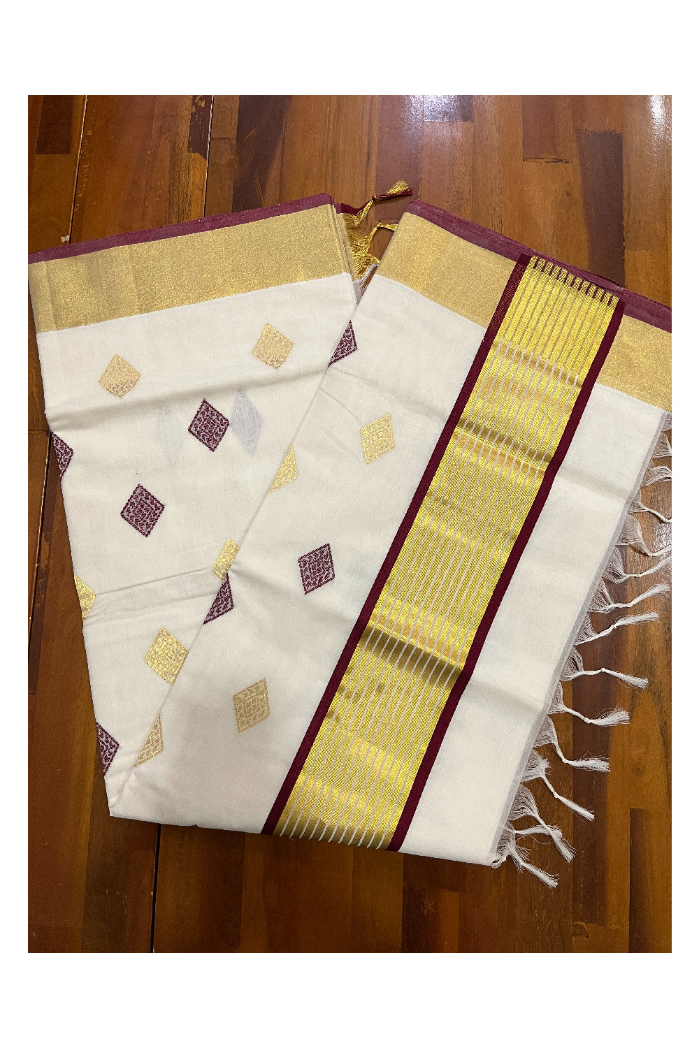 Southloom™ Premium Handloom Cotton Kerala Saree with Golden and Maroon Woven works on Body